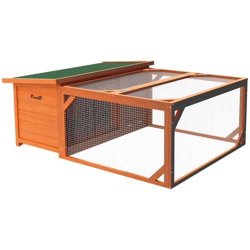 PawHut Rabbit Hutch Outdoor Guinea Pig Hutch with Run Small Animal Off-ground Duck House Hideaway Garden with Openable Roof 125.5 x 100 x 49cm Orange