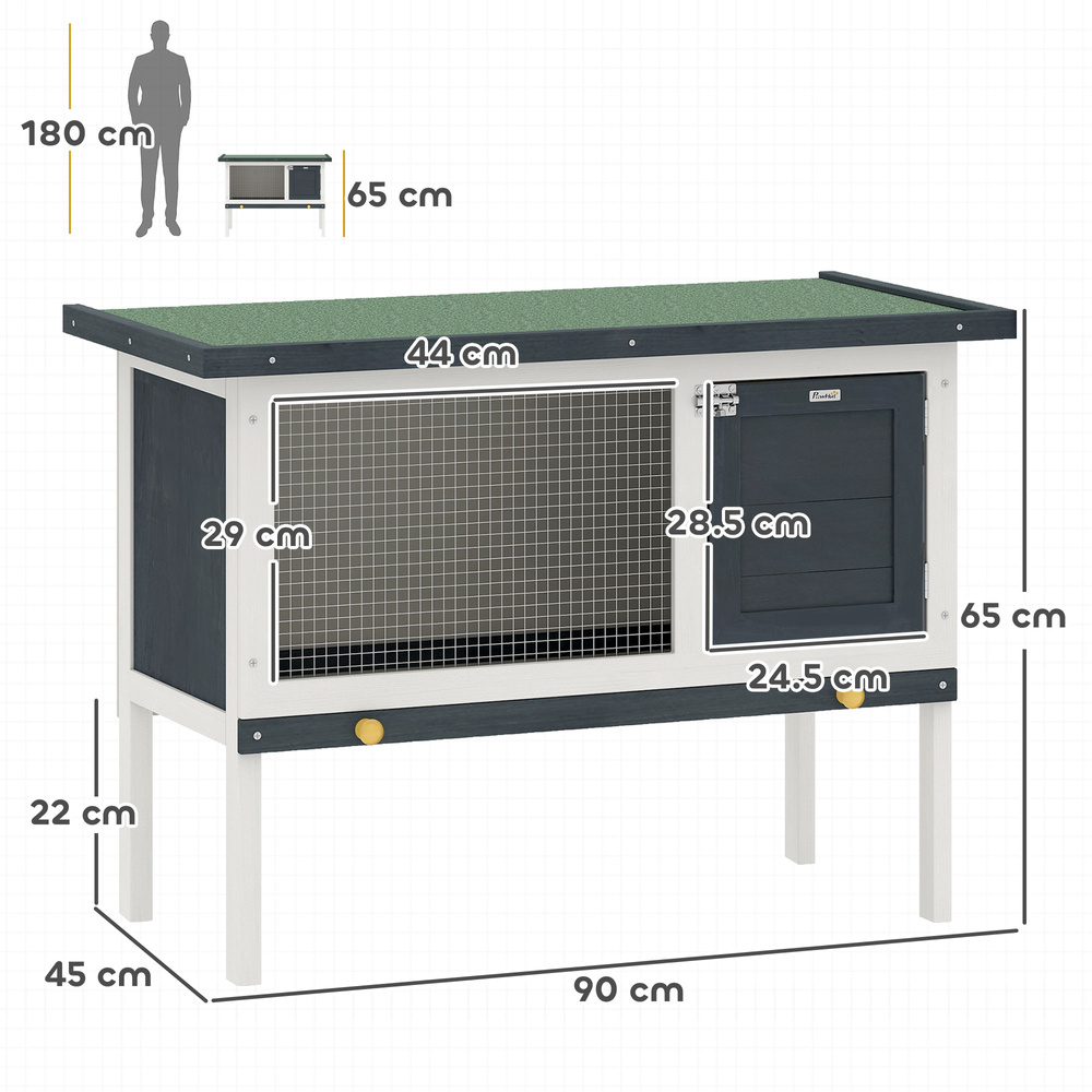 PawHut Wooden Rabbit Hutch Guinea Pig Hutch Bunny Cage Small Animal Habitat Openable Asphalt Roof for Outdoor Use 90 x 45 x 65 cm
