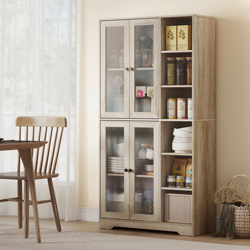HOMCOM Multi-Storage Kitchen Cabinet, with Glass Doors - Grey Wood-Effect