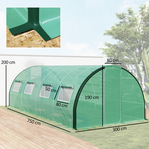 Outsunny Polyethylene Upgraded Structure Walk-in Polytunnel Greenhouse, 6 x 3 m, Green