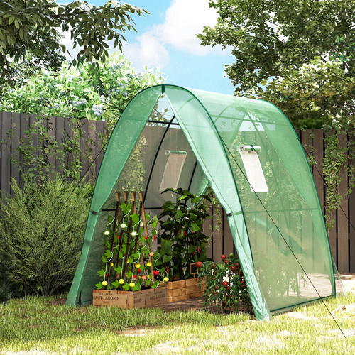 Outsunny Polytunnel Greenhouse with Sandbags, Walk-In Tunnel Green House with 2 Doors and Screen Windows, 1.8 x 1.8 x 2m, Green