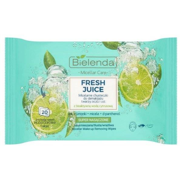 Bielenda Fresh Juice Micelarne Chusteczki do Demakijażu Twarzy z Limonką do Cery Mieszanej 20 Sztuk
