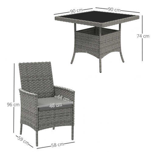Outsunny Rattan Garden Furniture Set, Outdoor Dining Table and Chairs 4 Seater with Cushions, Square Tempered Glass Top, 4 Armchairs, for Balcony, Terrace, Conservatory, Grey