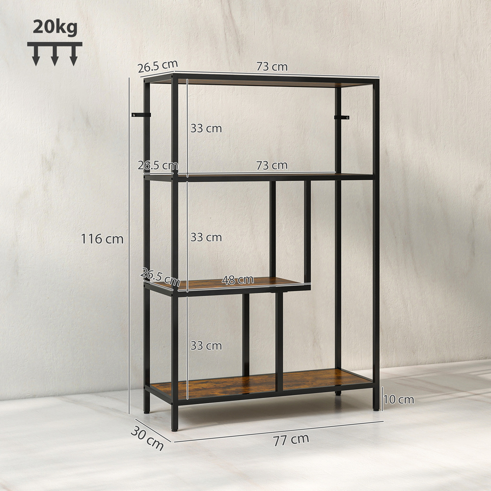 HOMCOM 4-Tier Bookshelf with Open Shelves - Rustic Brown