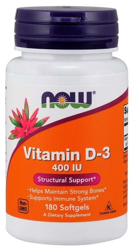 Now Foods Vitamin D-3 400 IU Wspiera Odporność Zdrowie Kości i Mięśni oraz Pracę Mózgu 180 Kapsułek