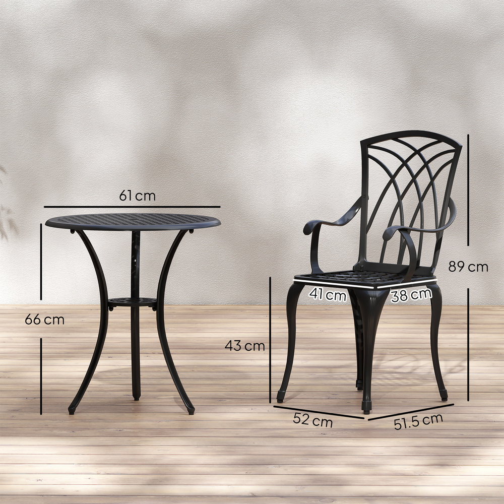 Outsunny 3 Pieces Garden Dining Set for 2, Cast Aluminium Outdoor Dining Set with 2 Armchairs and Round Dining Table with Parasol Hole, Garden Furniture Set, Brown