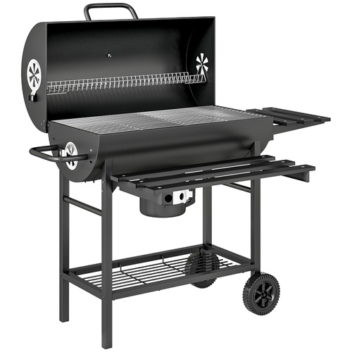 Outsunny Charcoal BBQ Grill with Foldable Front Side Shelf, Portable Barbecue Smoker with Warming Rack, Bottom Shelf, Lid, Temperature Gauge, Wheels for Outdoor Cooking Garden Party, Black