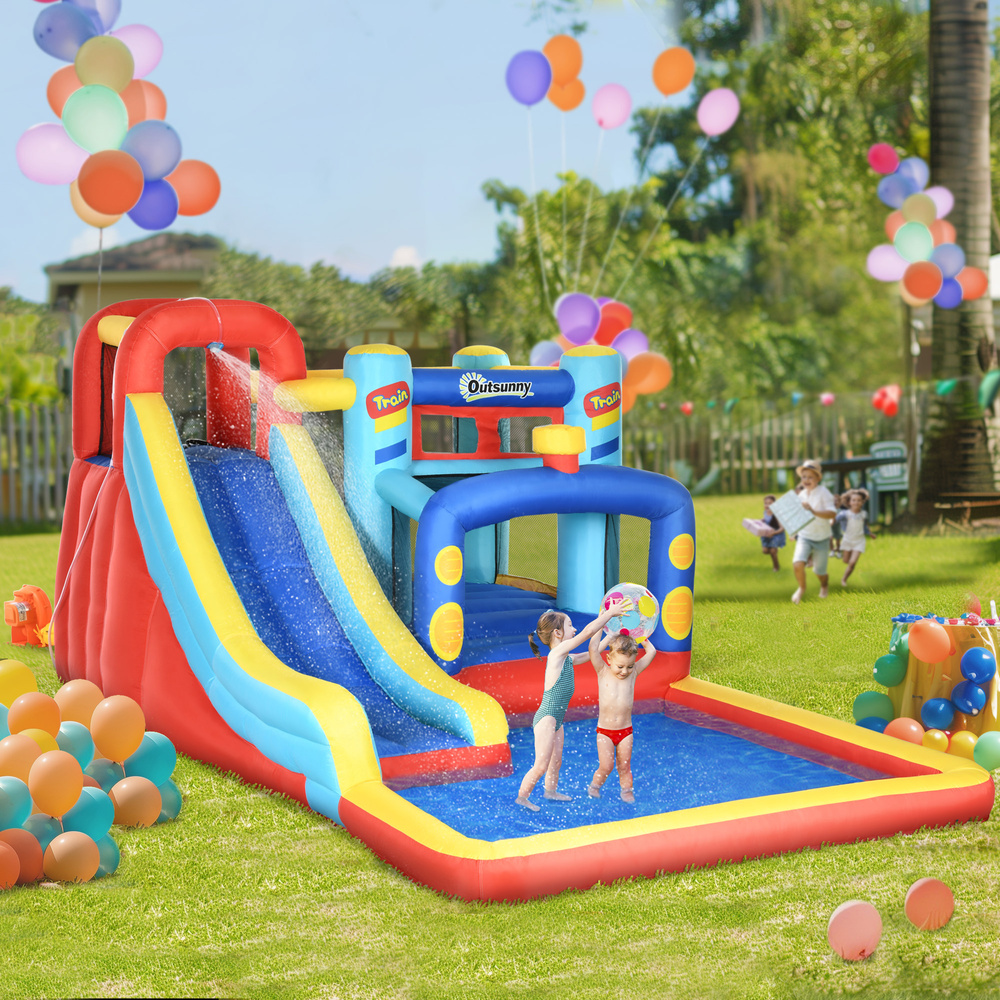 Outsunny 4-in-1 Bouncy Castle, with Slide, Trampoline, Climbing Wall, Blower, Multicoloured