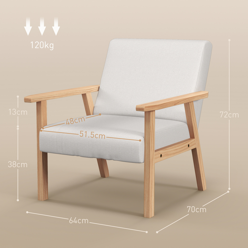 HOMCOM Modern Armchair, Linen Upholstered Sofa with Solid Wood Legs and Wide Seat, Accent Chair for Living Room Bedroom Office, Cream White