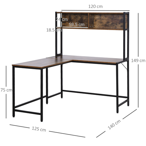HOMCOM L Shaped Desk with Book Shelf, Industrial Corner Computer Desk, Writing Table with Steel Frame for Home Office, Bedroom, Study Room, 140 x 125cm, Brown