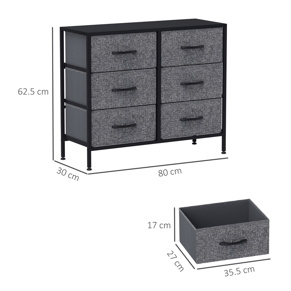 HOMCOM Fabric Chest of Drawers, Industrial Bedroom Dresser with 6 Fabric Drawers, Steel Frame and Wooden Top for Nursery, Living Room, Hallway, Black