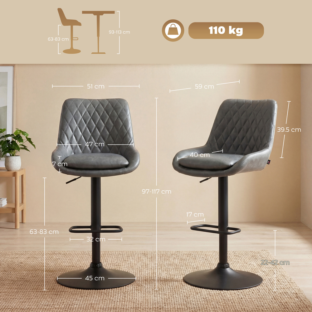 HOMCOM Retro Bar Stools Set of 2, Adjustable Kitchen Stool, Upholstered Bar Chairs with Back, Swivel Seat, Dark Grey