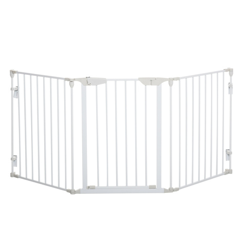 PawHut Pet Safety Gate, 3 Panels Playpen Fireplace, Foldable Metal Fence, Stair Barrier, Room Divider, Fire Guard w/ Automatic Closing Door, White
