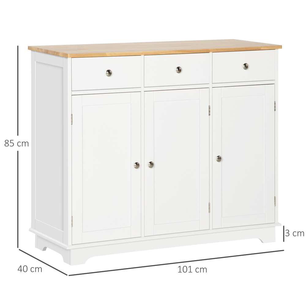 HOMCOM Sideboard with Rubber Wood Top, Modern Storage Cabinet, Kitchen Cupboard with 3 Doors, 3 Drawers and 3 Adjustable Shelves for Dining Room, Living Room, White