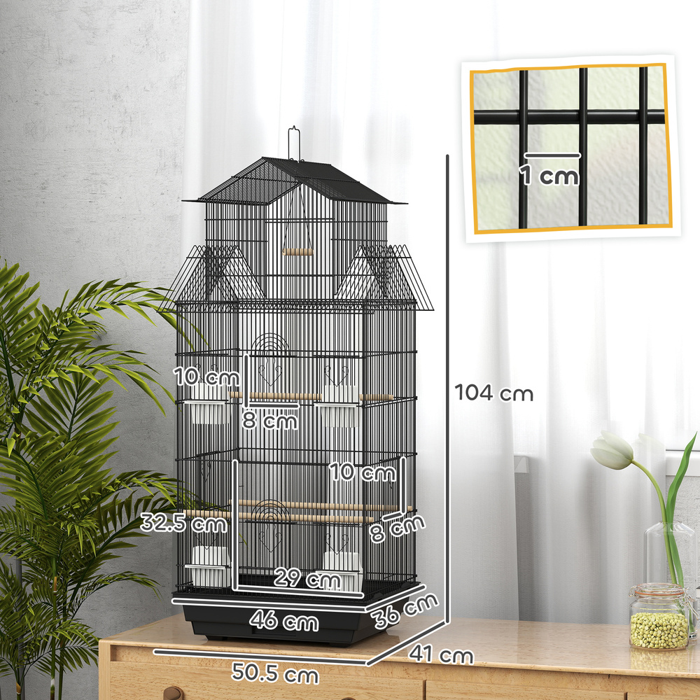 PawHut Metal Bird Cage with Plastic Swing, Perch, Food Container, Tray, Handle, for Finches, Canaries, 43 x 32.5 x 104cm