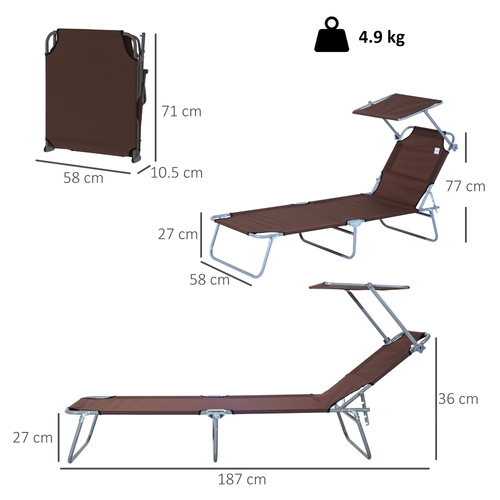 Outsunny Outdoor Foldable Sun Lounger, 4 Level Adjustable Backrest  Reclining Sun Lounger Chair with Angle Adjust Sun Shade Awning for Beach, Garden, Patio, Brown