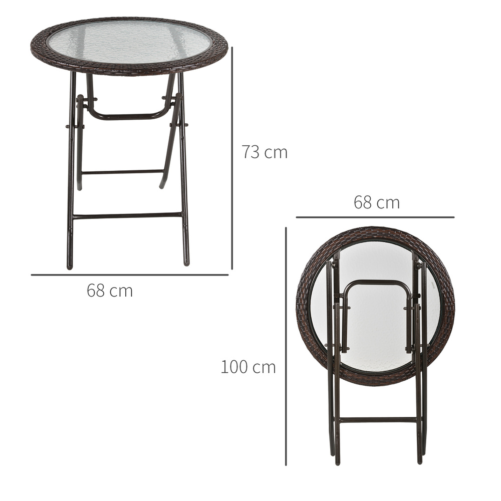 Outsunny Folding Rattan Garden Dining Table, 68 cm Round Rattan Garden Table with Water Ripple Tempered Glass Top, Wicker Edging and Steel Frame for Outdoor, Patio, Brown