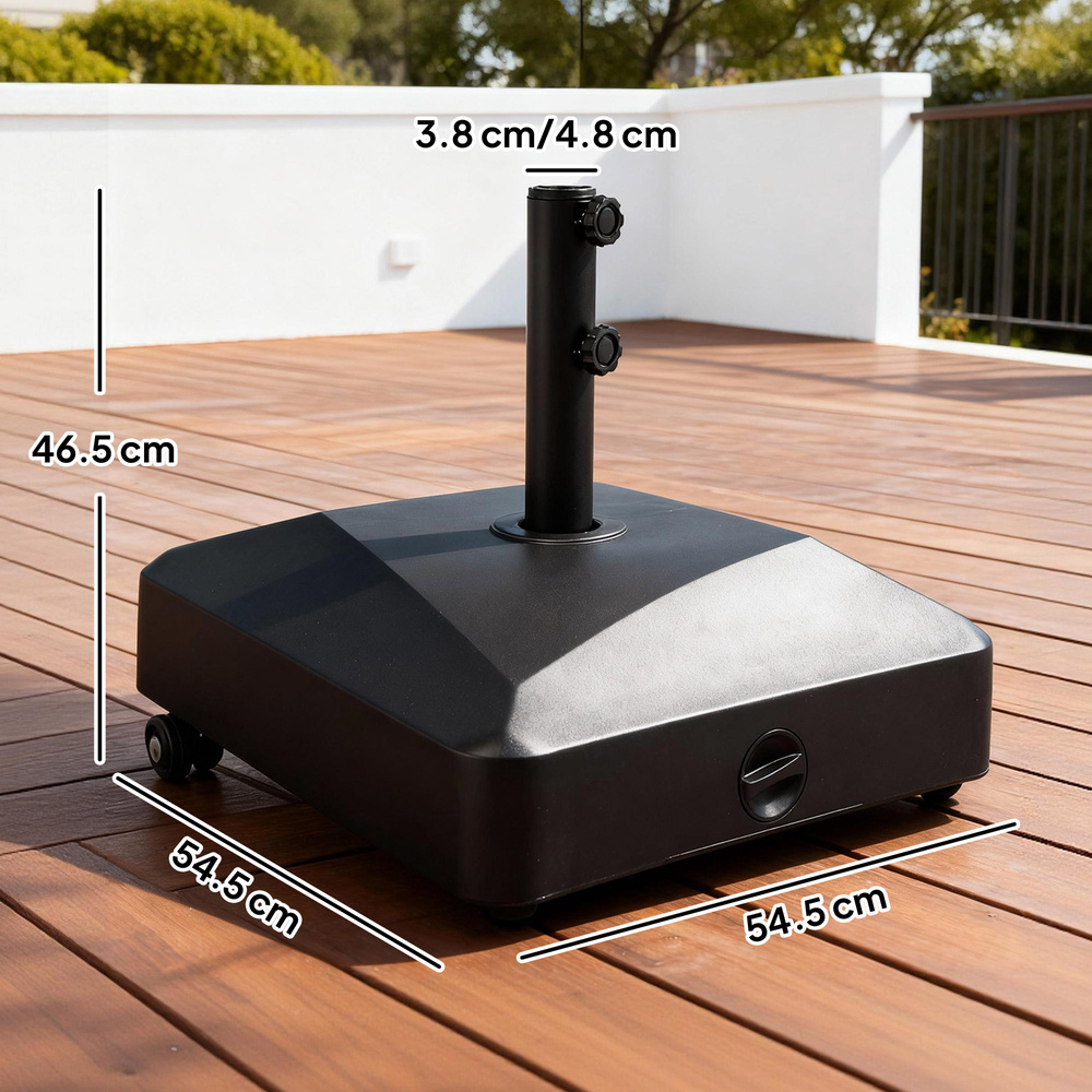 Outsunny Garden Parasol Base Holder, 43kg Water or 60kg Sand Filled, Outdoor Market Umbrella Stand Weight with Wheels and Brakes, Black