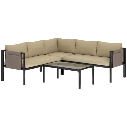 Outsunny 5 Seater Garden Corner Sofa Set, 4 Pieces Metal Garden Furniture Set with Loveseats, Glass Top Coffee Table, Breathable Mesh Pocket, Outdoor Conversation Furniture with Cushions, Khaki
