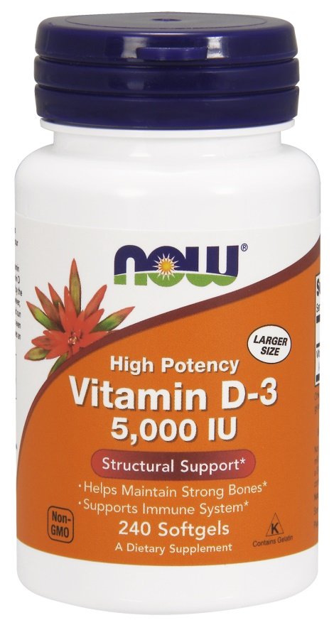 Now Foods Vitamin D-3 5000 IU 120 Wspiera Pracę Mięśni Układu Odpornościowego i Mózgu 240 Kapsułek