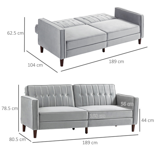 HOMCOM Modern Convertible Sofa Futon Velvet-Touch Tufted Couch with Adjustable Split Back, Light Grey