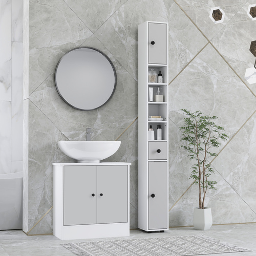 kleankin 180cm Slim Bathroom Cabinet, with Drawer, Shelves and Cupboards - Light Grey