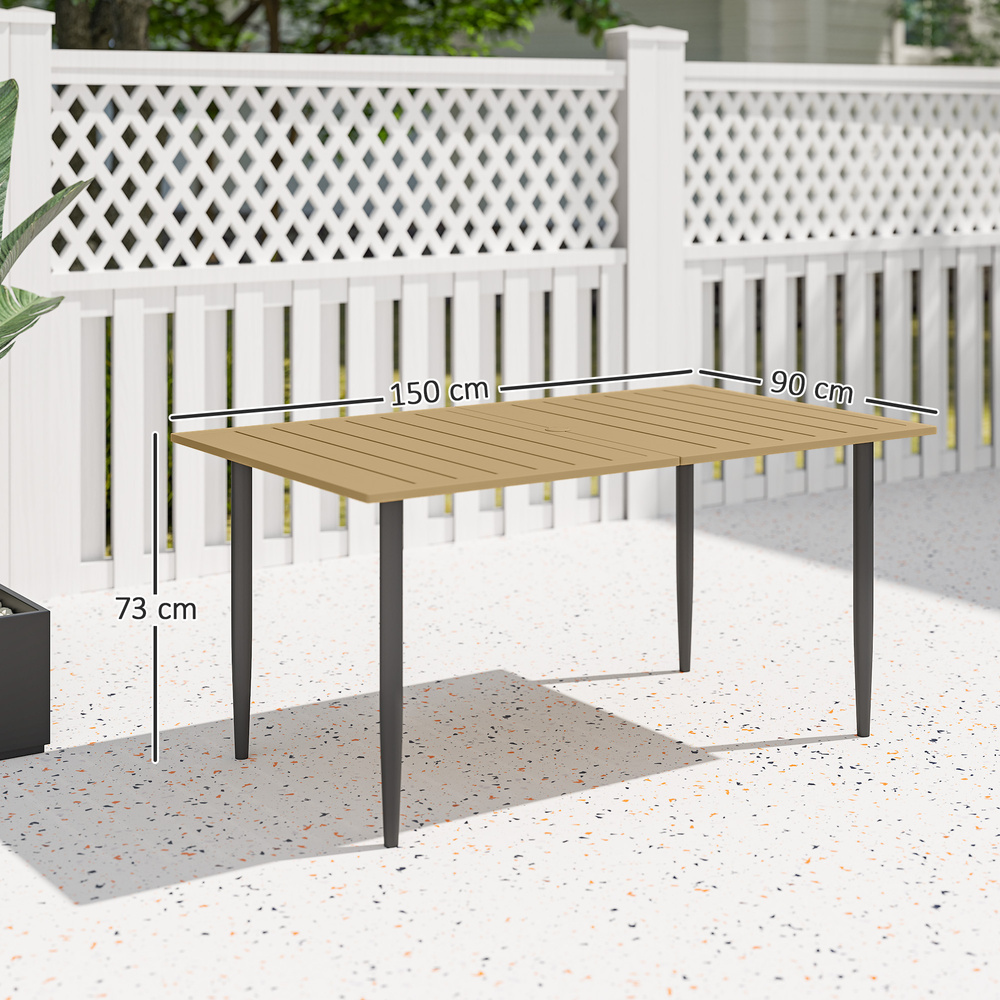 Outsunny Garden Dining Table, 150 x 90 cm Rectangle Outdoor Table with 5 cm Parasol Hole, Slatted Tabletop and Steel Frame for Patio Balcony, (Table Only) Brown