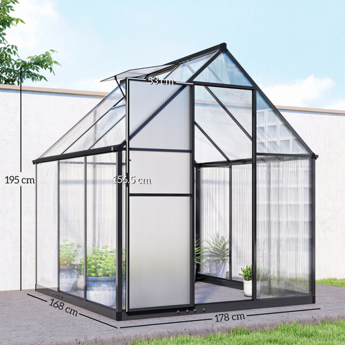 Outsunny Polycarbonate Greenhouse with Swing Door and Adjustable Window, Walk-in Greenhouse with Rain Gutter, 6 x 6.5ft, Black