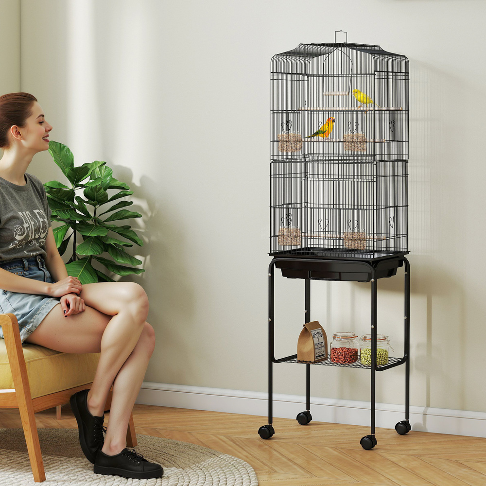 PawHut Bird Cage Budgie Cages for Finch Canary Parakeet with Stand Wheels Slide-out Tray Accessories Storage Shelf, Black 46.5 x 36 x 157 cm