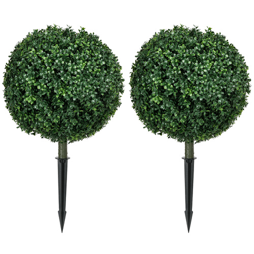 HOMCOM Artificial Boxwood Trees w/ Ground Stake, Set of 2 Ball Shaped Topiary Trees for Home Office & Living Room, UV Resistant