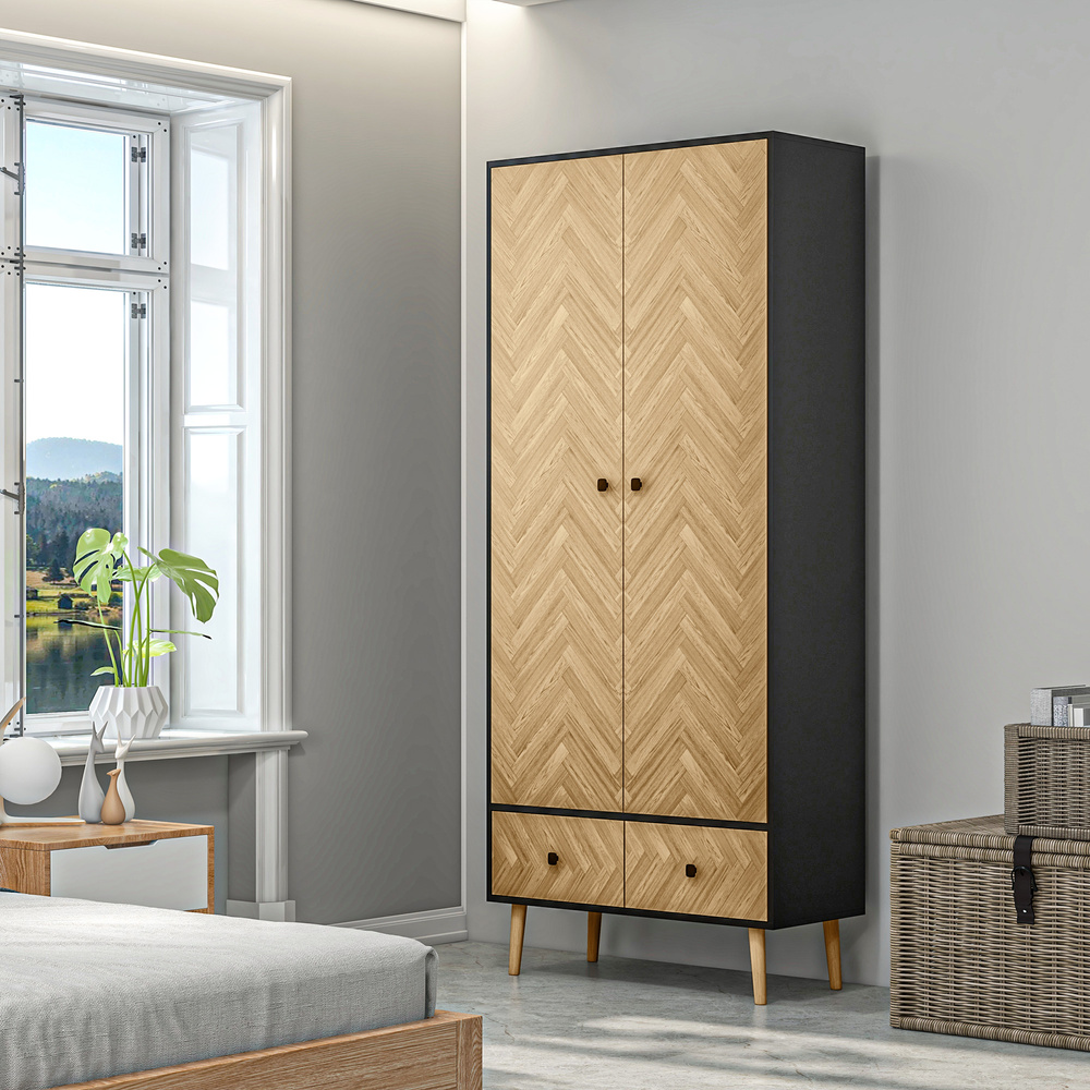 HOMCOM Essential Wardrobe Cabinet with Shelf, Hanging Rails and 2 Drawers, 50kg Weight Capacity, Nature Wood