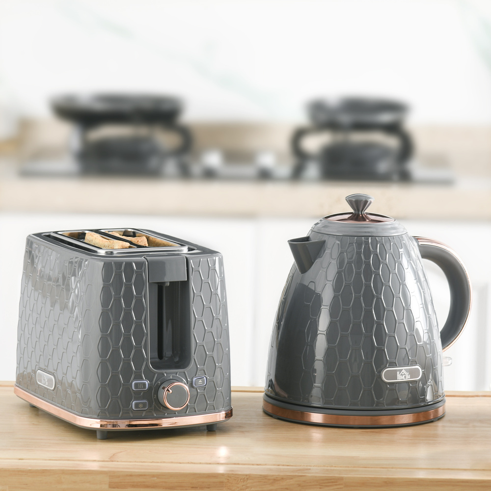 HOMCOM 1.7L 3000W Fast Boil Kettle & 2 Slice Toaster Set, Kettle and Toaster Set with Auto Shut Off, Browning Controls, Grey