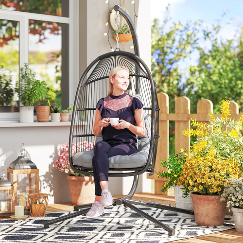 Outsunny Rattan Hanging Egg Chair with Stand, Foldable Wicker Swing Egg Chair with Cushion, Head Pillow, Steel Frame, Hammock Chair for Indoor Outdoor, Capacity 150 kg, Dark Grey