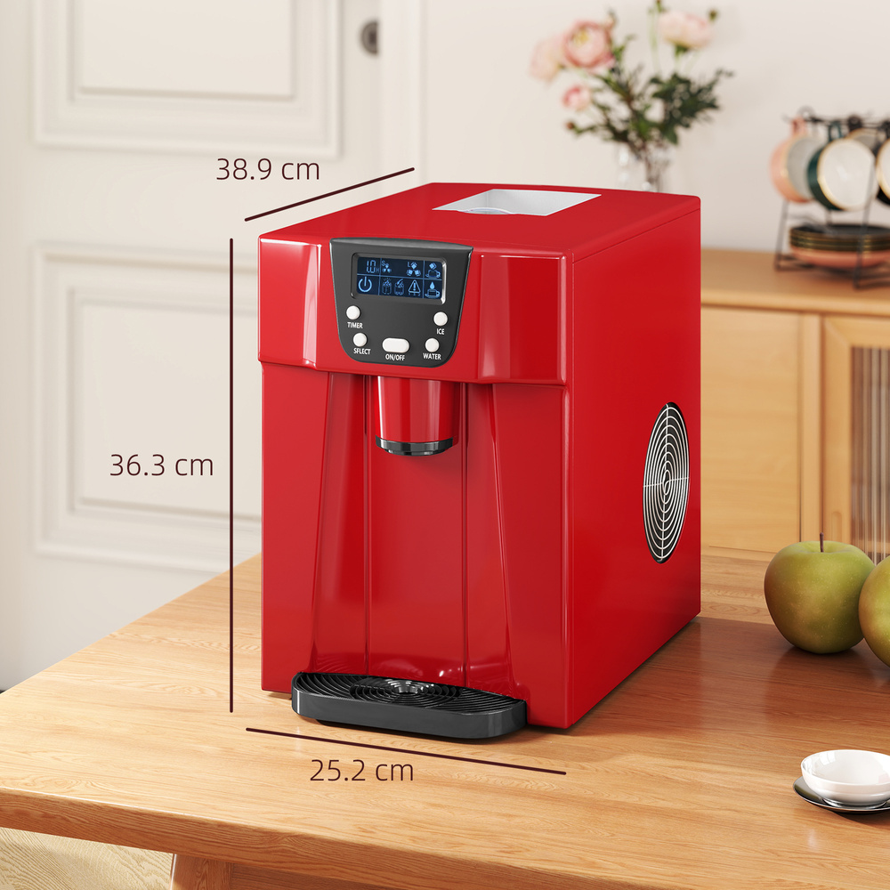 HOMCOM 3L Ice Maker Machine and Water Dispenser, 12kg in 24H, 2 Sizes 9 Ice Cubes Ready in 6-10 Mins Ice Machine, Red