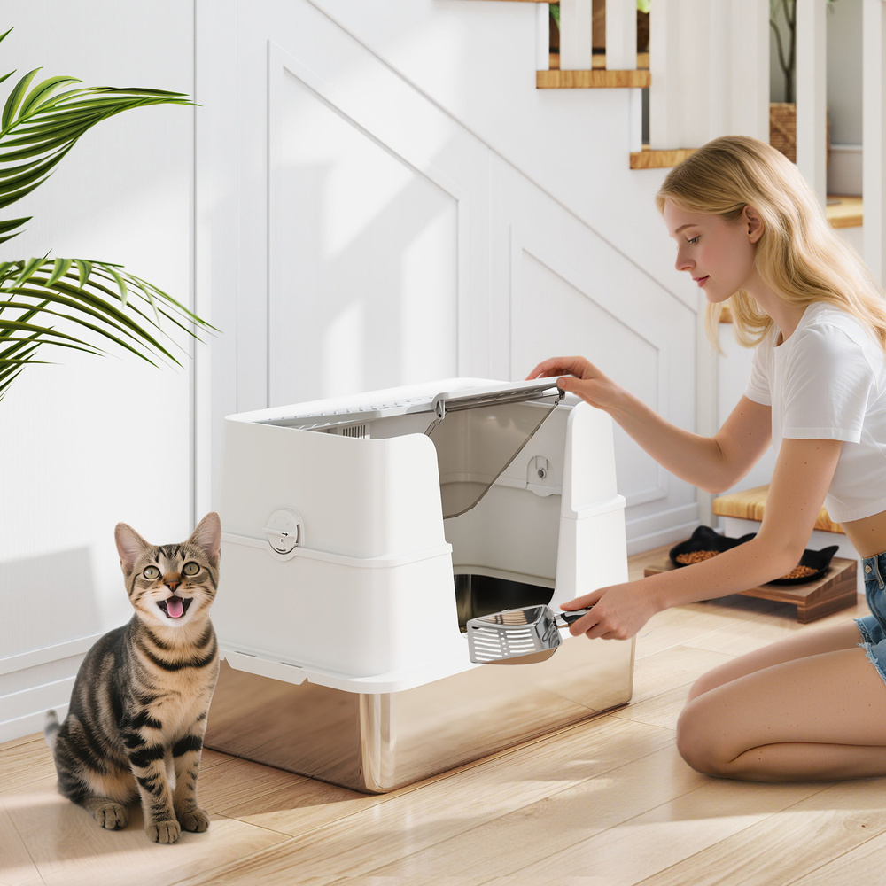 PawHut XL Stainless Steel Litter Box w/ 100° Flip Top, Scoop, Side Top Dual Entry, Odor Free, Easy Cleaning, Anti Leakage