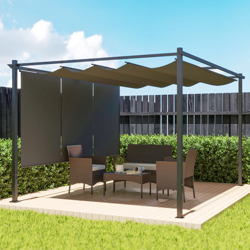 Outsunny 3 x 4m Metal Pergola with Retractable Roof and Roller Shade, Free Standing Garden Gazebo Canopy Pergola Kit, UPF30+ Outdoor Sun Shade Shelter, Grey