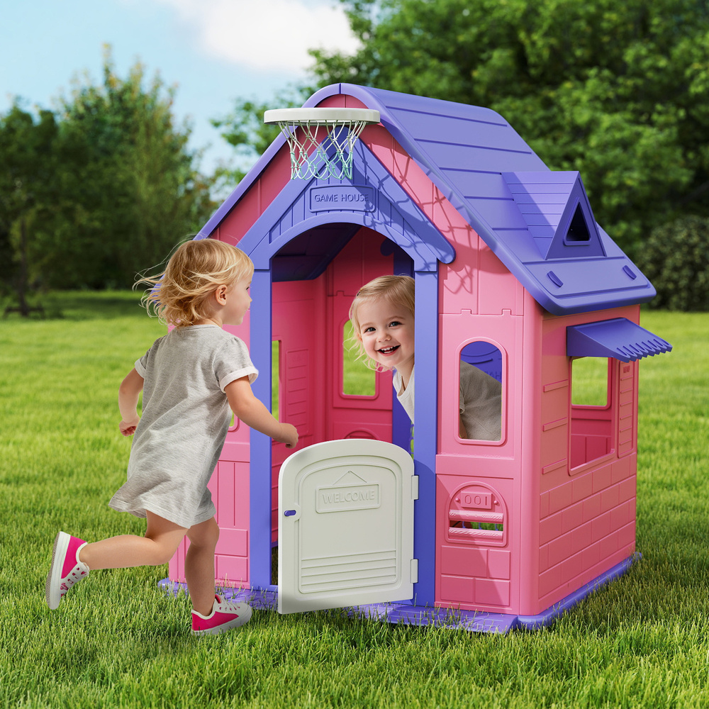AIYAPLAY 5-in-1 Playhouse for Kids Outdoor Indoor with Basketball Hoop, Football Goal, Dartboard, Ring Toss for 2-5 Years, Pink