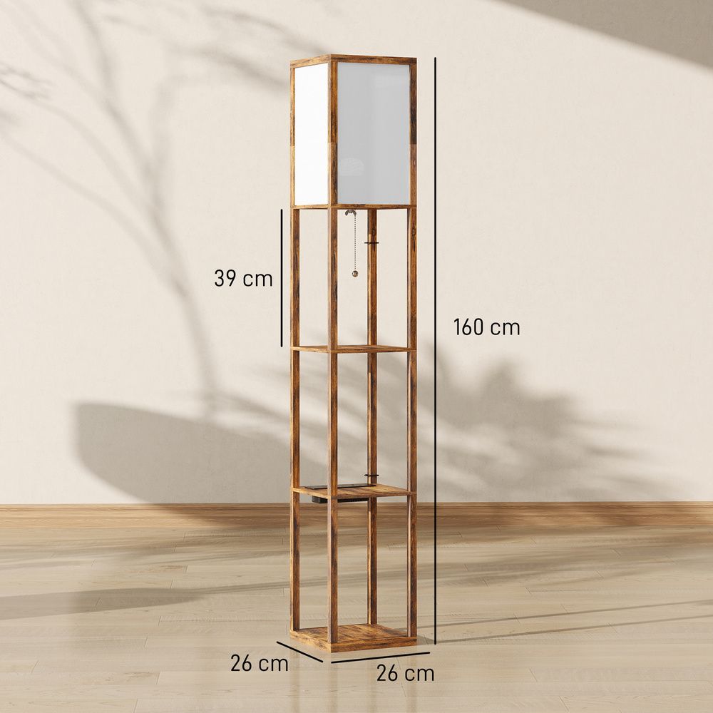 HOMCOM Floor Lamp with Shelves, 4 Layer Standing Lamp with USB Ports, 3 Colour Temperature, Rustic Brown