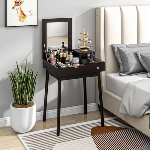 HOMCOM Dressing Table with Flip-up Mirror, Makeup Desk with 2 Drawers and Pine Wood Legs, Vanity Table Writing Desk for Bedroom Living Room, Black