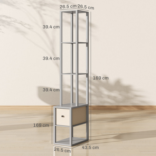 HOMCOM Floor Lamp with Shelves, LED Column Modern Standing Lamp with Fabric Drawer, Adjustable Brightness, Foot Switch for Living Room, Bedroom, Office, Grey