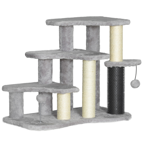 PawHut 2-in-1 Cat Tree, Pet Stairs w/ Scratching Post, Toy Balls, for Bed, Sofa, Couch, Light Grey