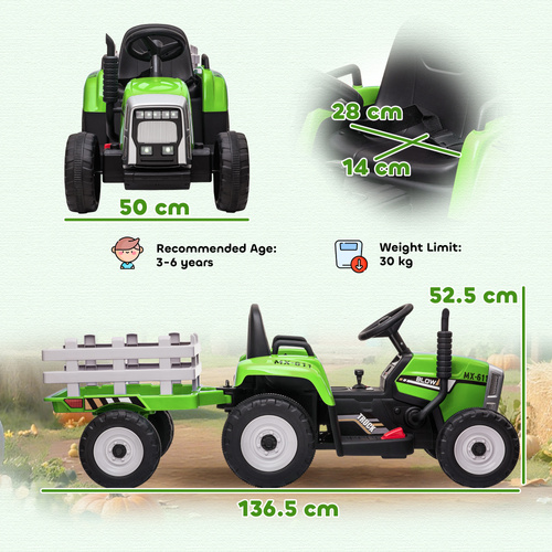HOMCOM Ride On Tractor, Battery Powered Electric Car, with Detachable Trailer, Remote Control, Music - Green