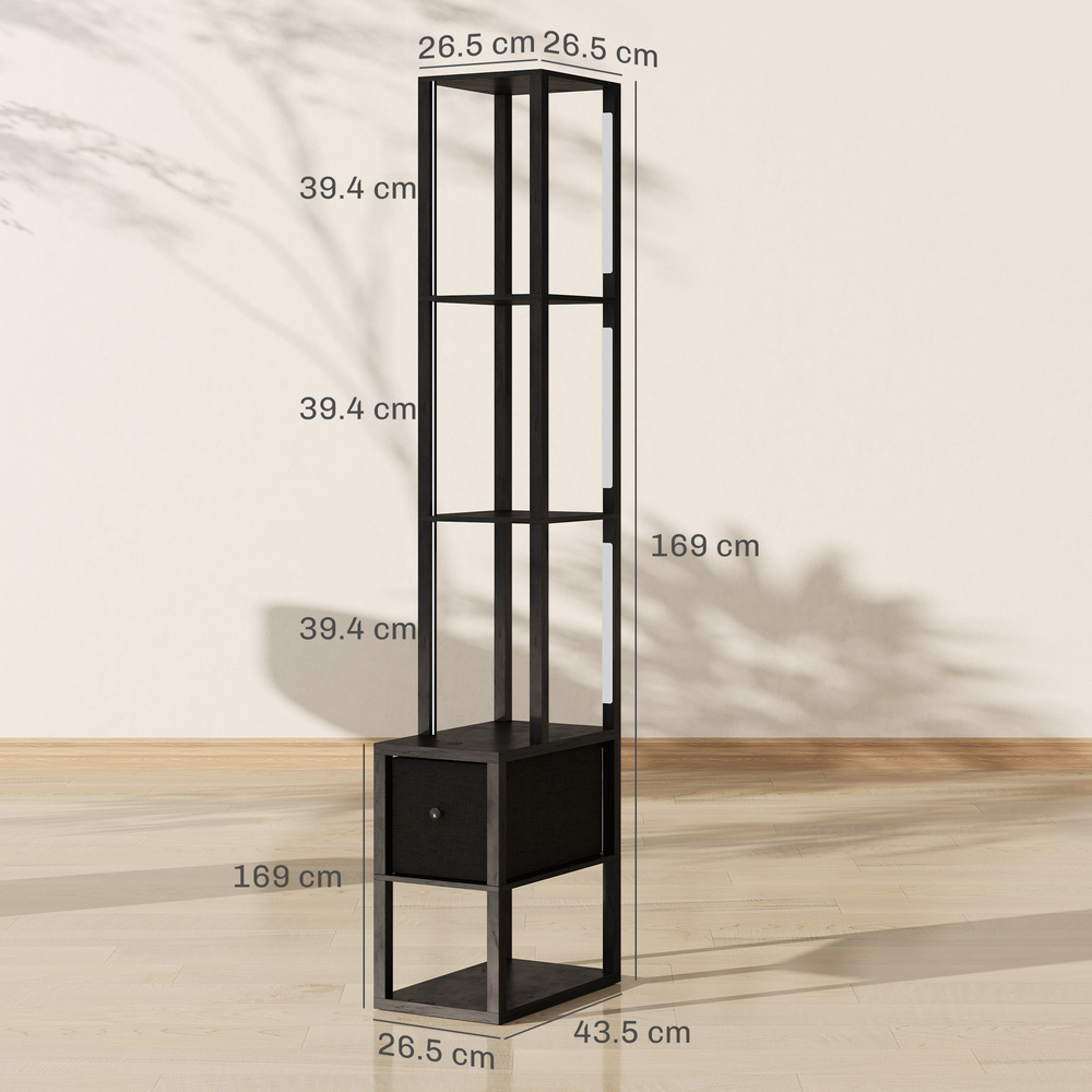 HOMCOM Floor Lamp with Shelves, LED Column Modern Standing Lamp with Fabric Drawer, Adjustable Brightness, Foot Switch for Living Room, Bedroom, Office, Black