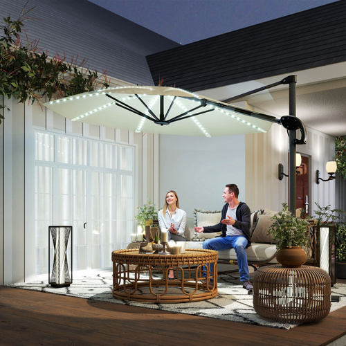 Outsunny 3(m) Cantilever Garden Parasol with Solar Powered Lights, Crank Handle & Cross Base, UPF 50+, 360° Rotation, Cream