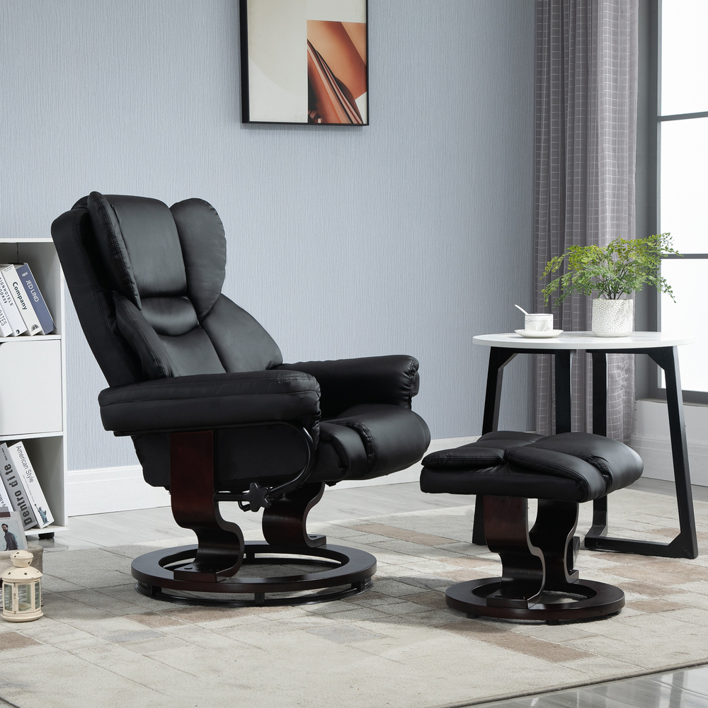 HOMCOM 360° Swivel Recliner Chair with Footstool, PU Leather Manual Recliner Armchair with Footstool, Solid Wood Base, Upholstered Reclining Chair for Living Room, Bedroom, Office, Black