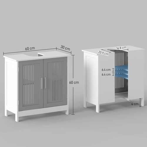 kleankin Modern Under Sink Cabinet with 2 Doors, Bathroom Vanity Unit, Pedestal Under Sink Design, Storage Cupboard with Adjustable Shelves, Grey