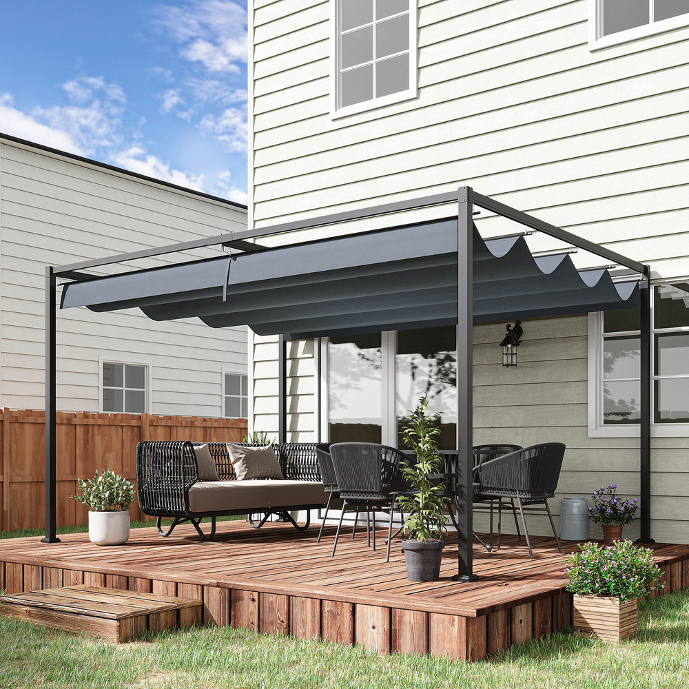 Outsunny 4 x 3(m) Metal Outdoor Pergola with Retractable Roof, Outdoor Gazebo with Drainage Holes for Garden, Patio, Lawn, Grey