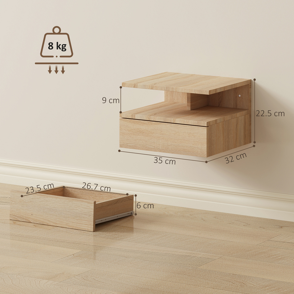HOMCOM Set of Two Floating Bedside Tables - Oak Tone