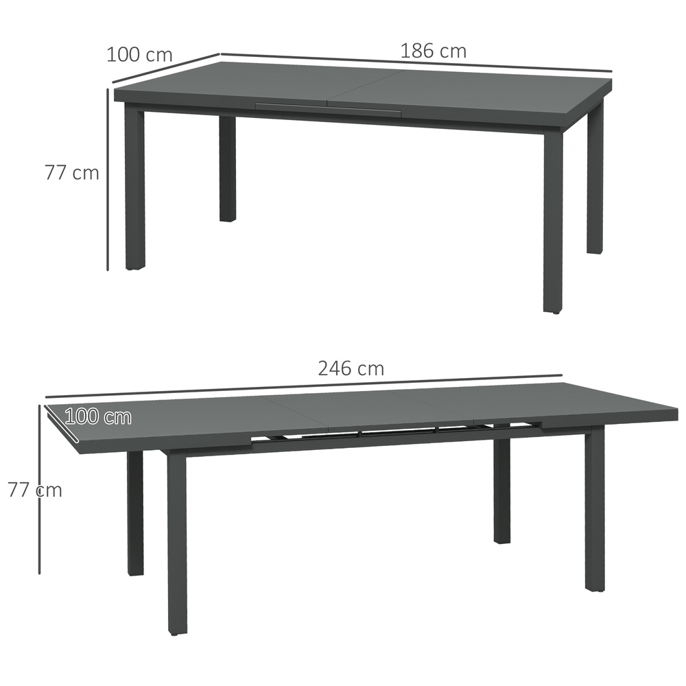 Outsunny Aluminium Garden Table for 6-8, 246 cm Extending Outdoor Dining Table Rectangle for Patio, Balcony - Charcoal Grey