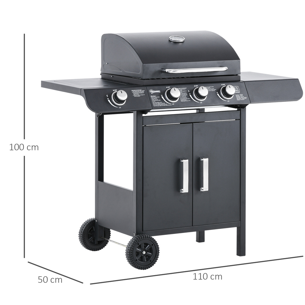 Outsunny 3+1 Burner Gas BBQ Grill, Outdoor Barbecue Trolley with Wheels, Warming Rack, Side Shelves, Cabinet, Thermometer for Garden, Party, Camping, 110L x 50W x 100Hcm, Grey